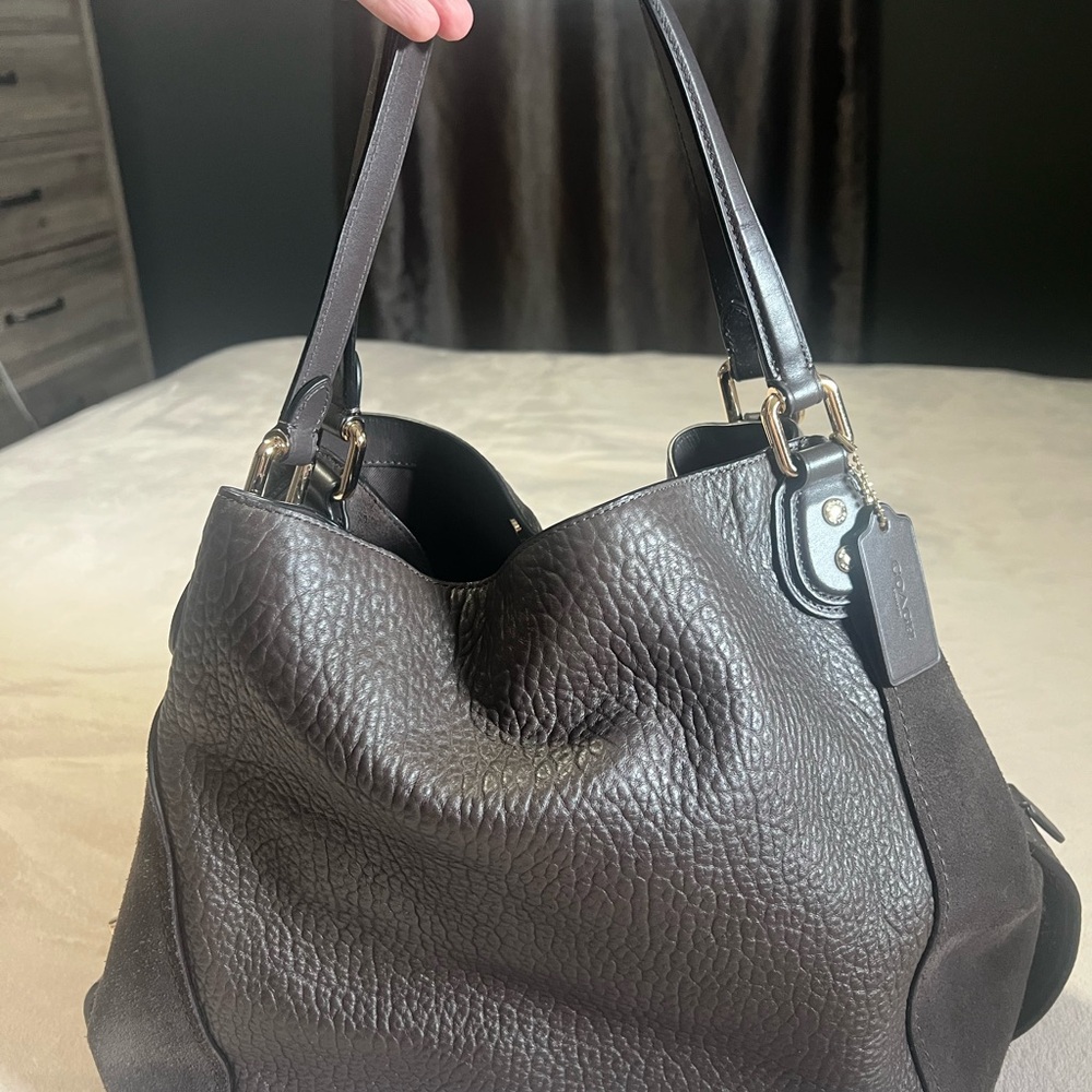 Coach Brown Leather Shoulder Bag with Pebbled Texture